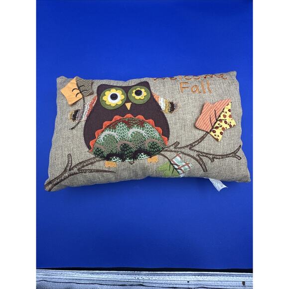 Retro Owl Pillow Embroidered "Welcome Fall" Burlap Cottage Boho Autumn Decor - Picture 7 of 9